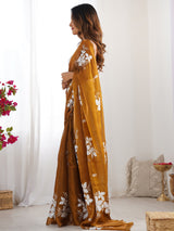 Women's Traditional Organza Brown Embellished Designer Saree with Blouse Piece