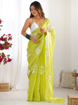Women's Traditional Organza Green Embellished Designer Saree with Blouse Piece