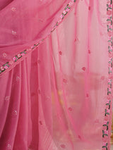 Women's Paper Silk Pink Embroidered Designer Saree with Blouse Piece