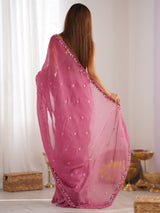 Women's Paper Silk Pink Embroidered Designer Saree with Blouse Piece