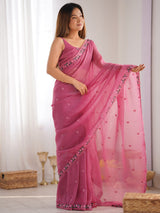 Women's Paper Silk Pink Embroidered Designer Saree with Blouse Piece