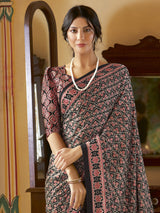 Women's Crepe Black Printed Designer Saree with Blouse Piece