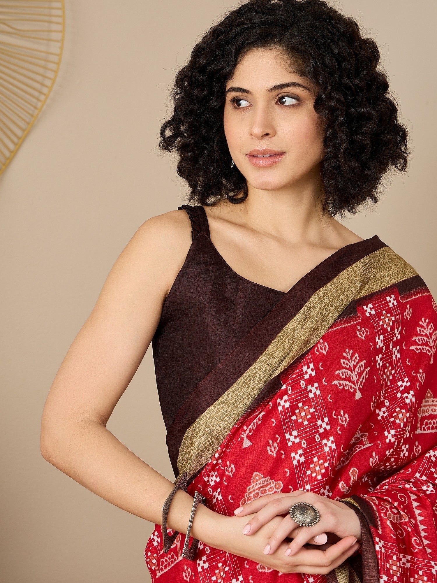 Women's Bhagalpuri Silk Red Printed Ready to Wear with Blouse Piece