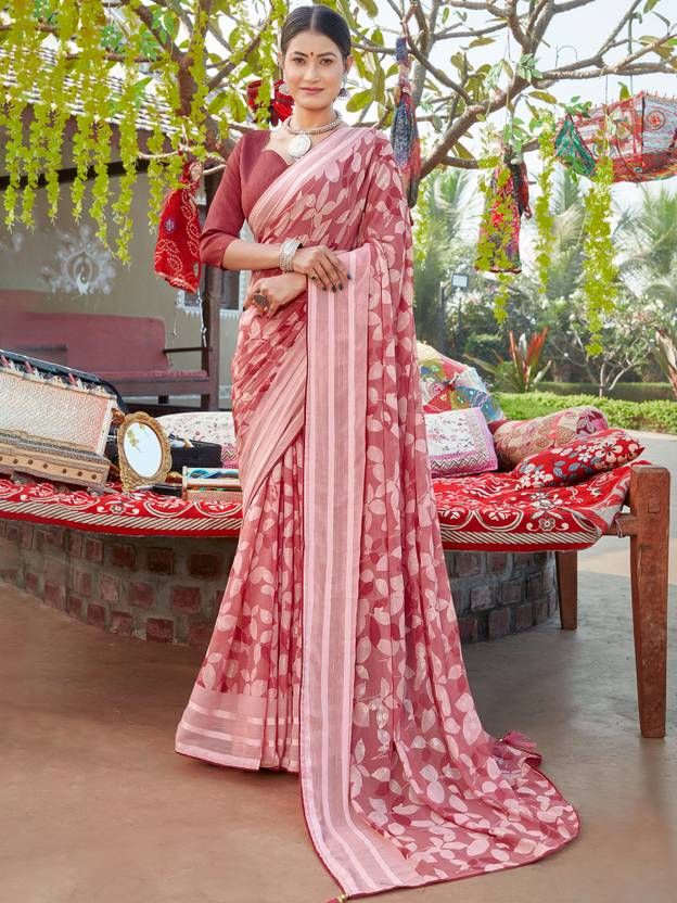 Women's Chiffon Red Printed Celebrity Saree with Blouse Piece
