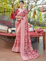 Women's Chiffon Red Printed Celebrity Saree with Blouse Piece
