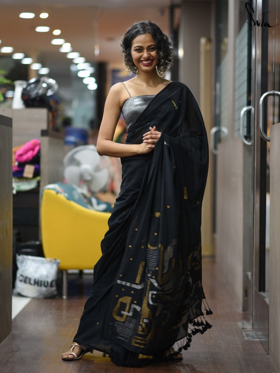 Women's Black Mul Cotton Saree