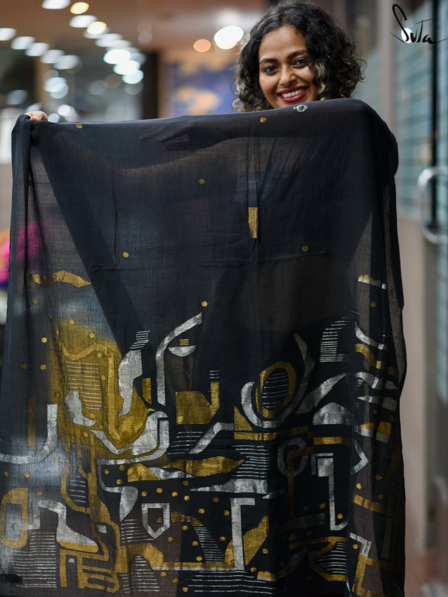 Women's Black Mul Cotton Saree