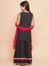 Girls Black Cotton Embroidered Kurta With Palazzos Set & Dupatta