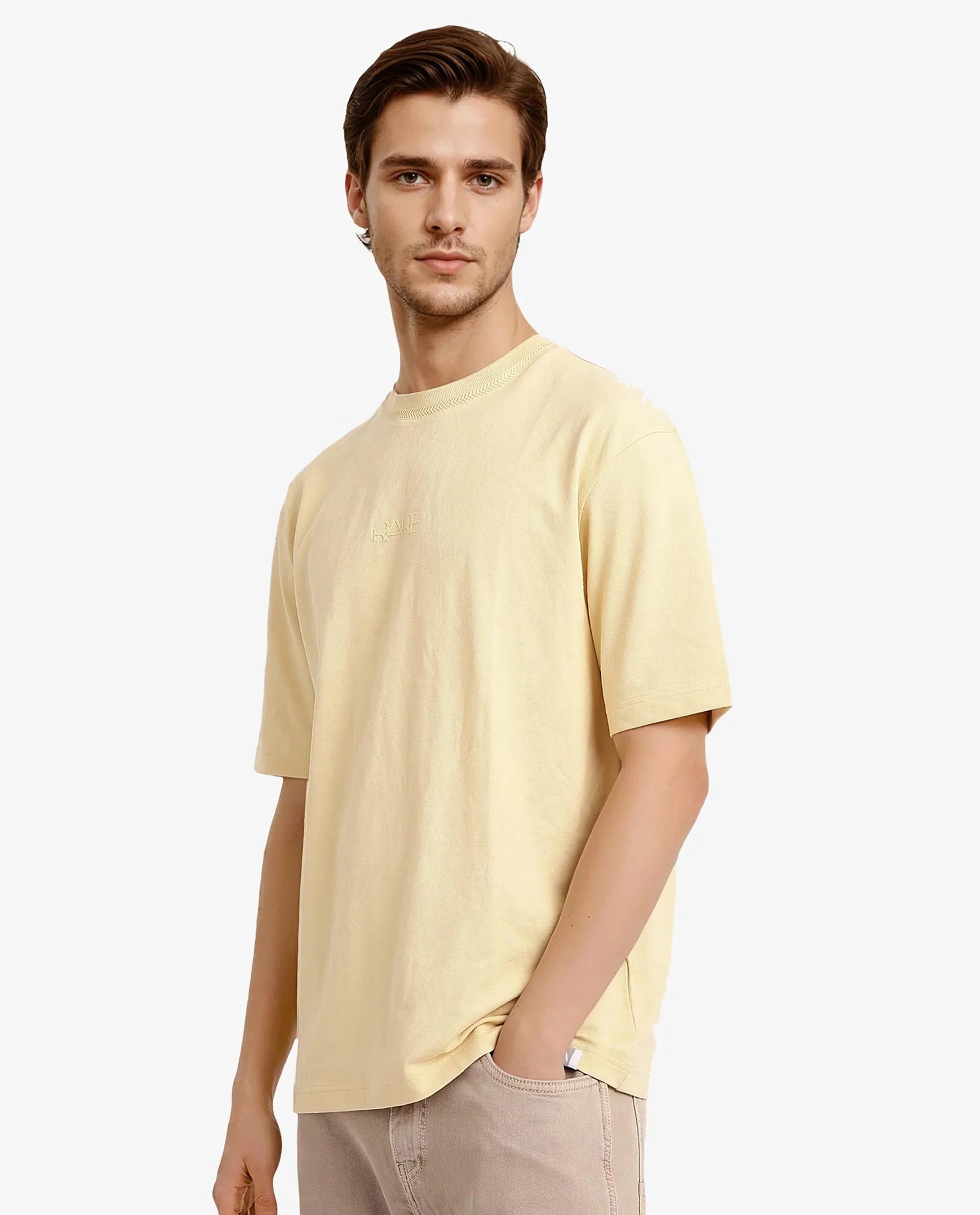 Men's Yellow Casual Oversized Fit Solid Half Sleeves Tshirt