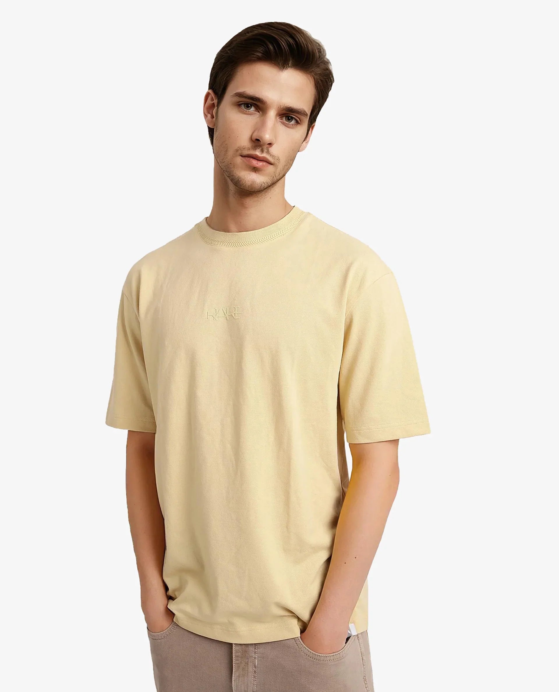 Men's Yellow Casual Oversized Fit Solid Half Sleeves Tshirt