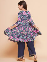 Girls Navy Blue Pink Floral Printed Kurta With Palazzos