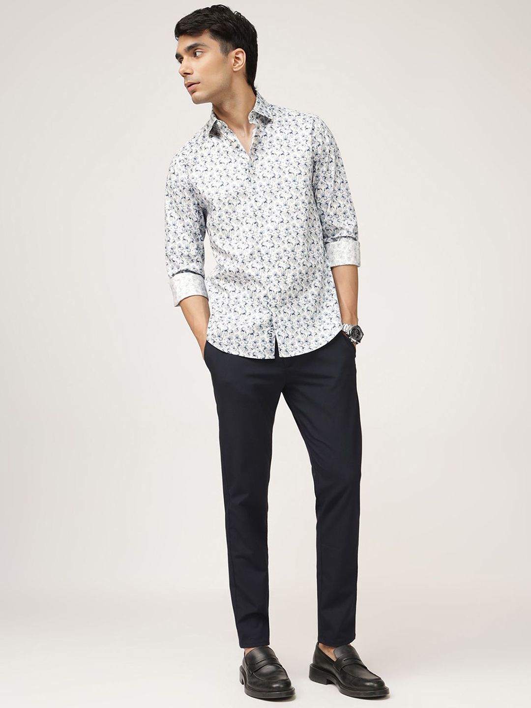 Men's Blue Casual Regular Fit Printed Full Sleeves Shirt