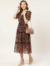 Women's Black and Rust Orange Floral Print Tiered Midi Fit and Flare Dress with Ruffles