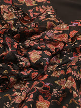 Women's Black and Rust Orange Floral Print Tiered Midi Fit and Flare Dress with Ruffles