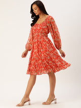 Women's Floral Print Puff Sleeve Chiffon A-Line Dress