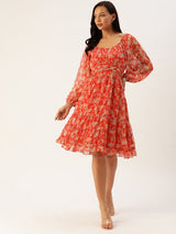 Women's Floral Print Puff Sleeve Chiffon A-Line Dress