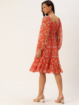 Women's Floral Print Puff Sleeve Chiffon A-Line Dress