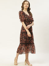 Women's Black and Rust Orange Floral Print Tiered Midi Fit and Flare Dress with Ruffles