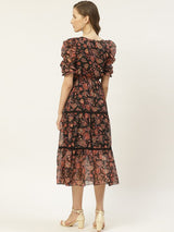 Women's Black and Rust Orange Floral Print Tiered Midi Fit and Flare Dress with Ruffles