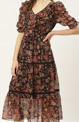 Women's Black and Rust Orange Floral Print Tiered Midi Fit and Flare Dress with Ruffles