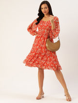 Women's Floral Print Puff Sleeve Chiffon A-Line Dress