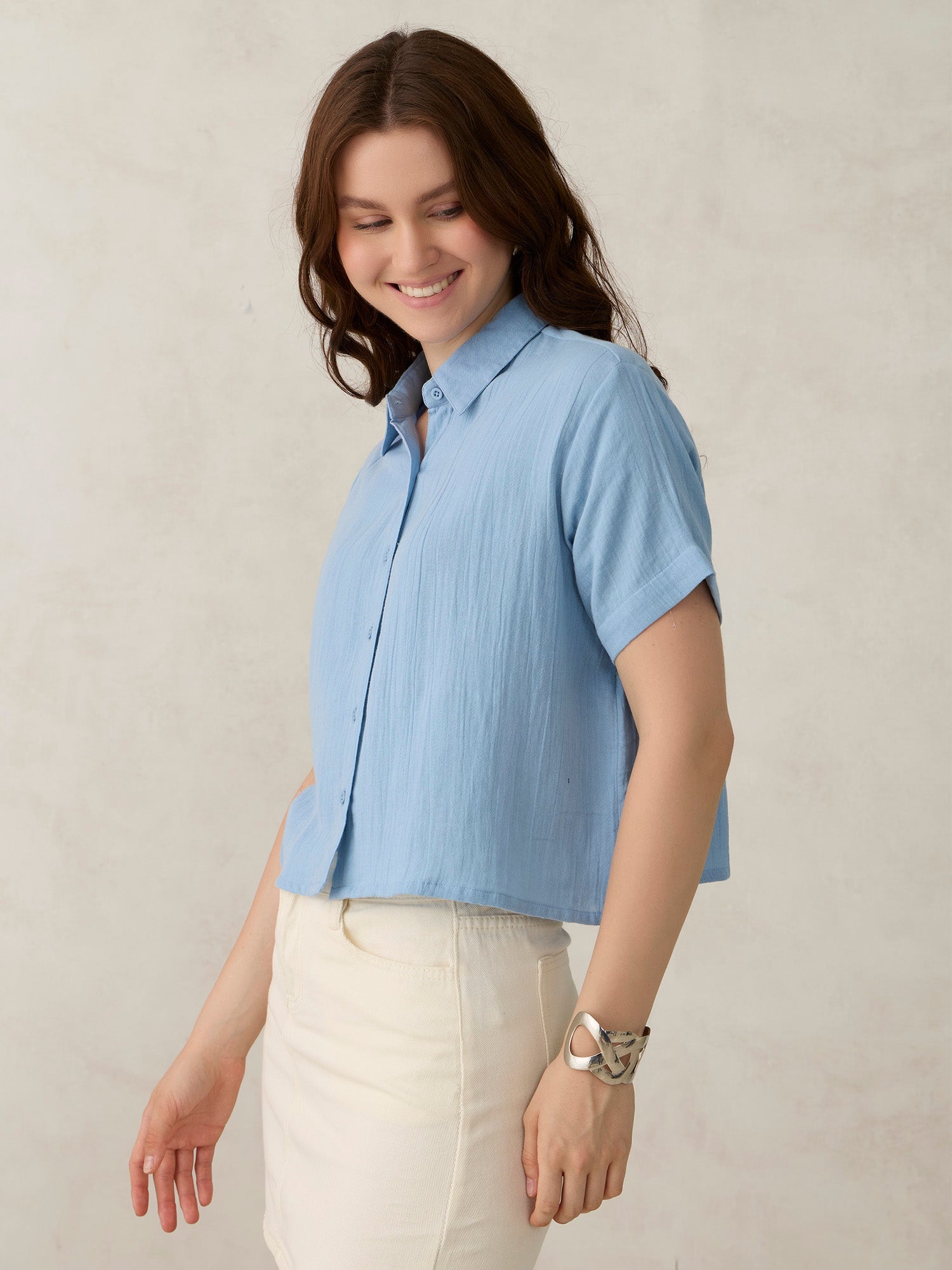 Women's Blue Party Relaxed Fit Solid Shirt