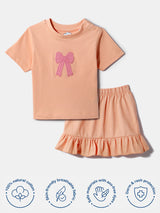 Girls Orange Cotton Bow Embroidered Top and Skirt Set