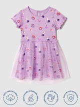 Girls Purple Placement Print Tulle Dress