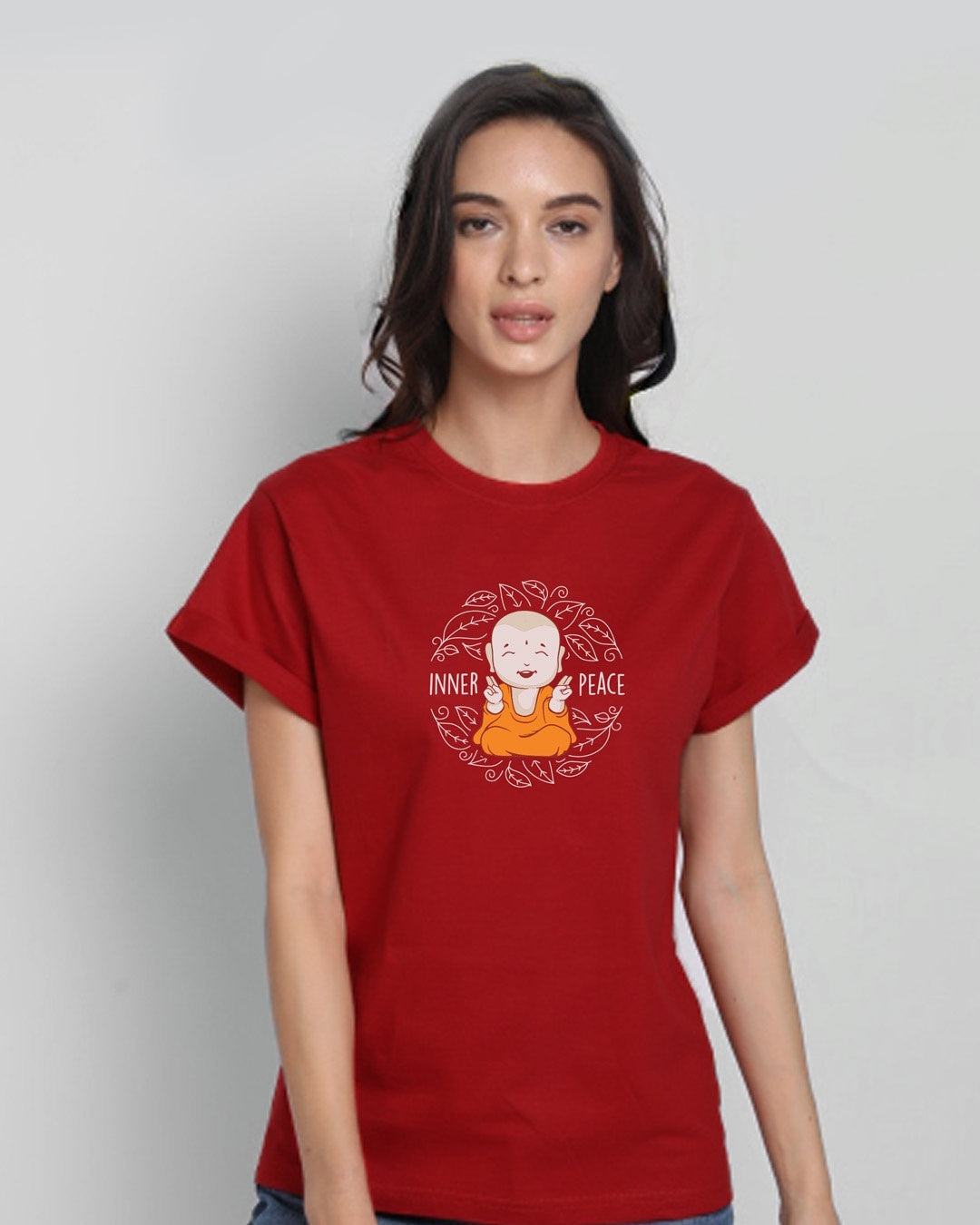 Women's Red Casual Boyfriend Fit Printed Half Sleeves Tshirt
