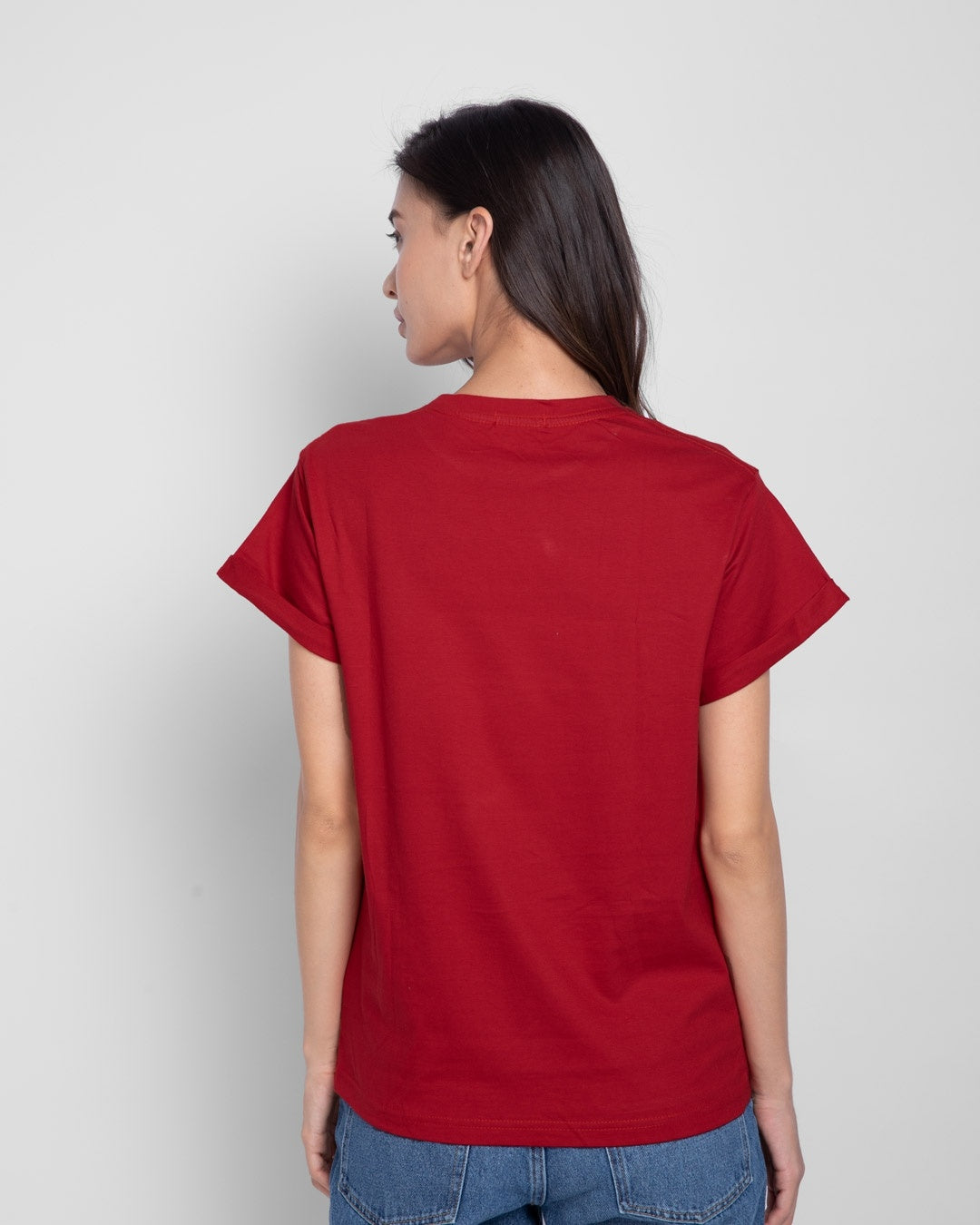 Women's Red Casual Boyfriend Fit Printed Half Sleeves Tshirt