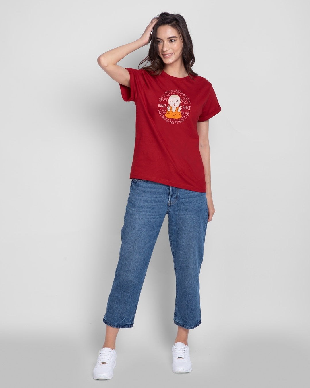 Women's Red Casual Boyfriend Fit Printed Half Sleeves Tshirt