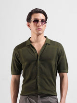 Men's Green Casual Slim Fit Textured Half Sleeves Shirt