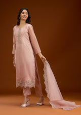 Women's Baby Pink Threadwork Tissue Readymade Salwar Suit