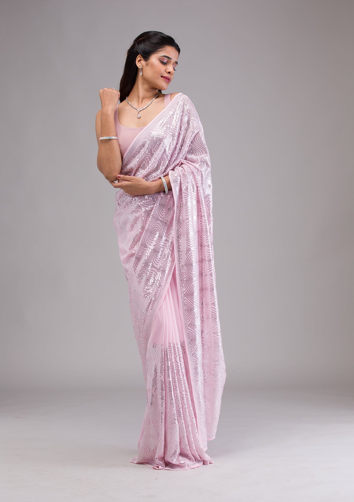 Women's Baby Pink Sequins Georgette Saree