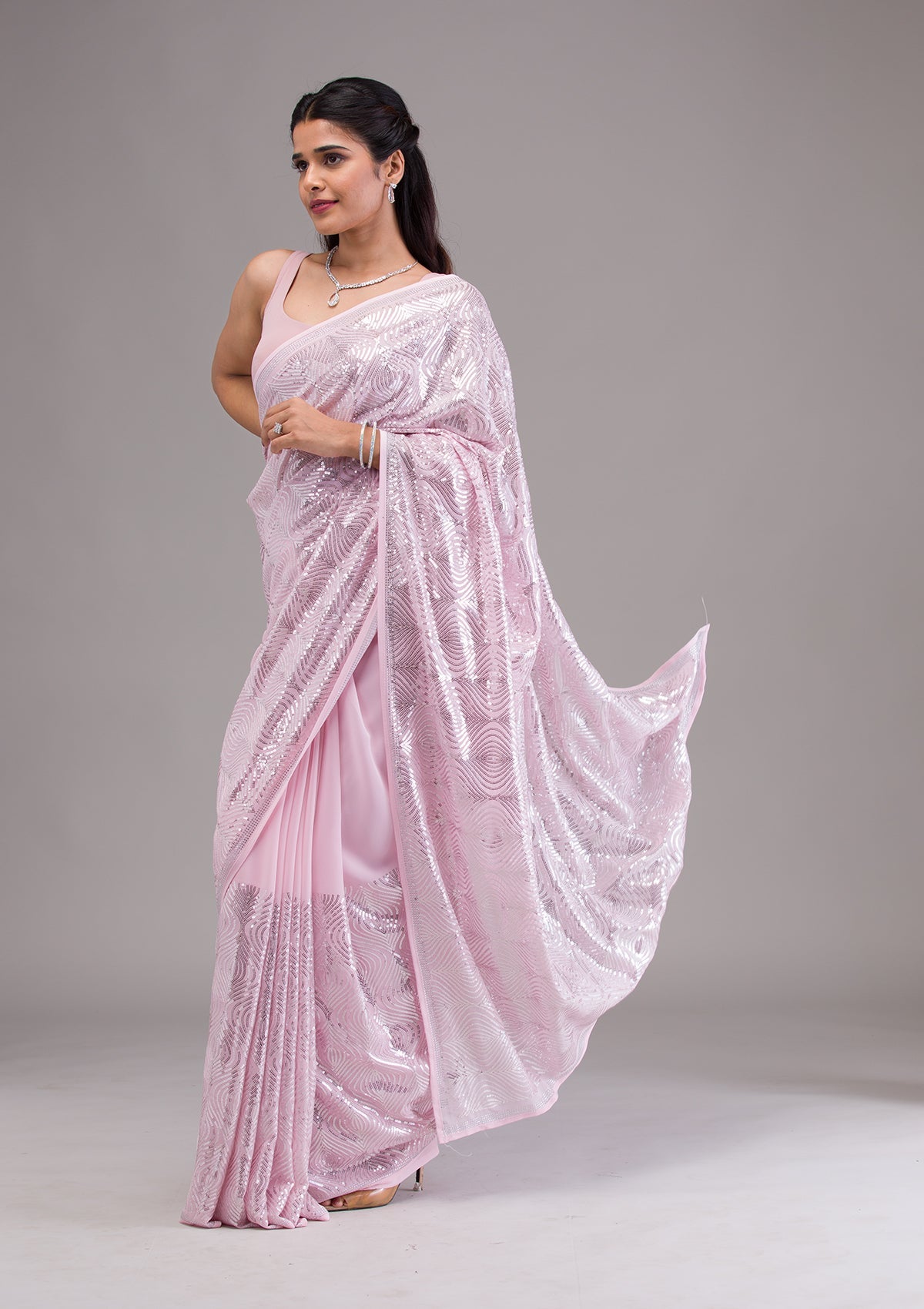 Women's Baby Pink Sequins Georgette Saree
