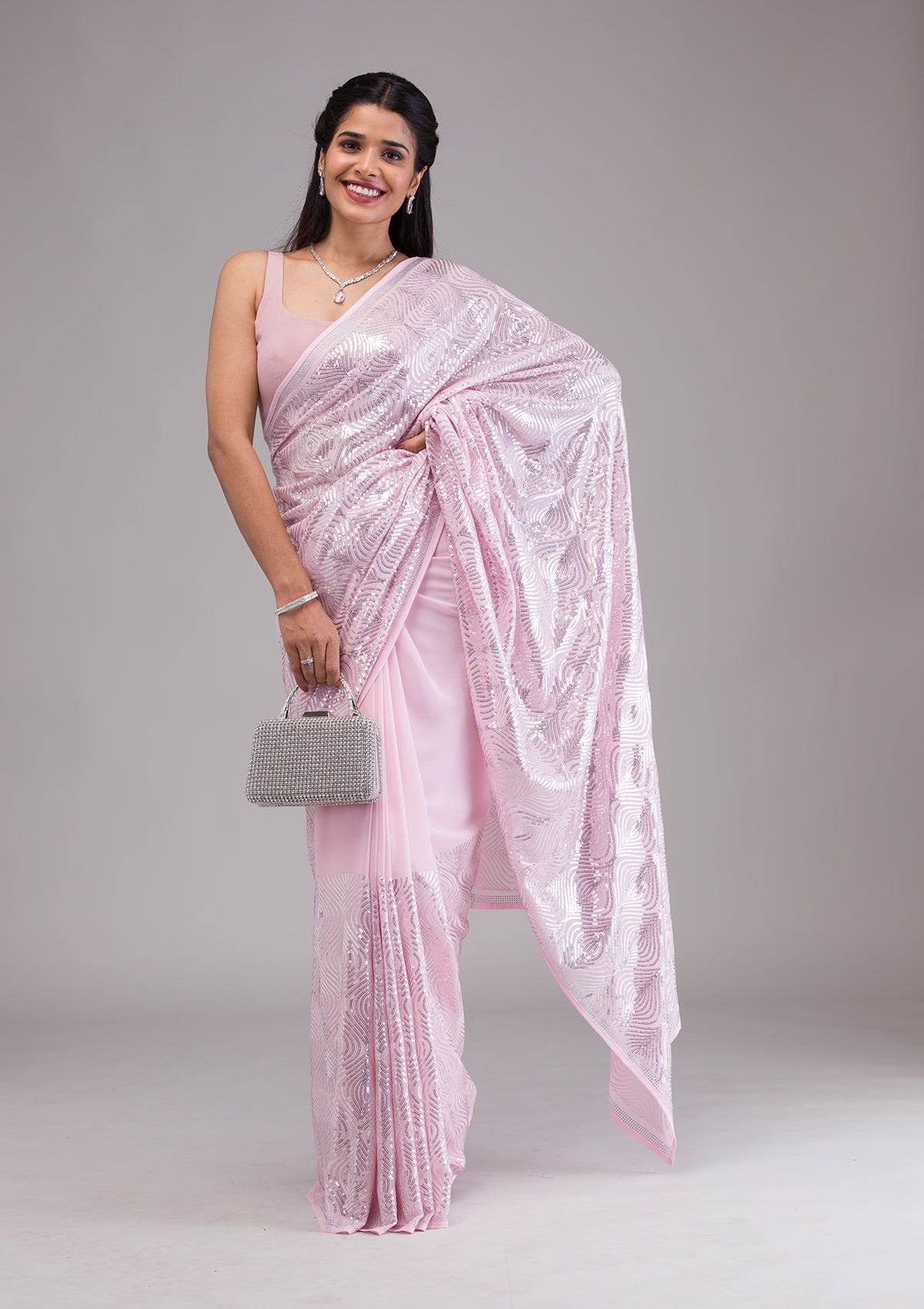 Women's Baby Pink Sequins Georgette Saree
