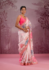 Women's White Printed Georgette Saree
