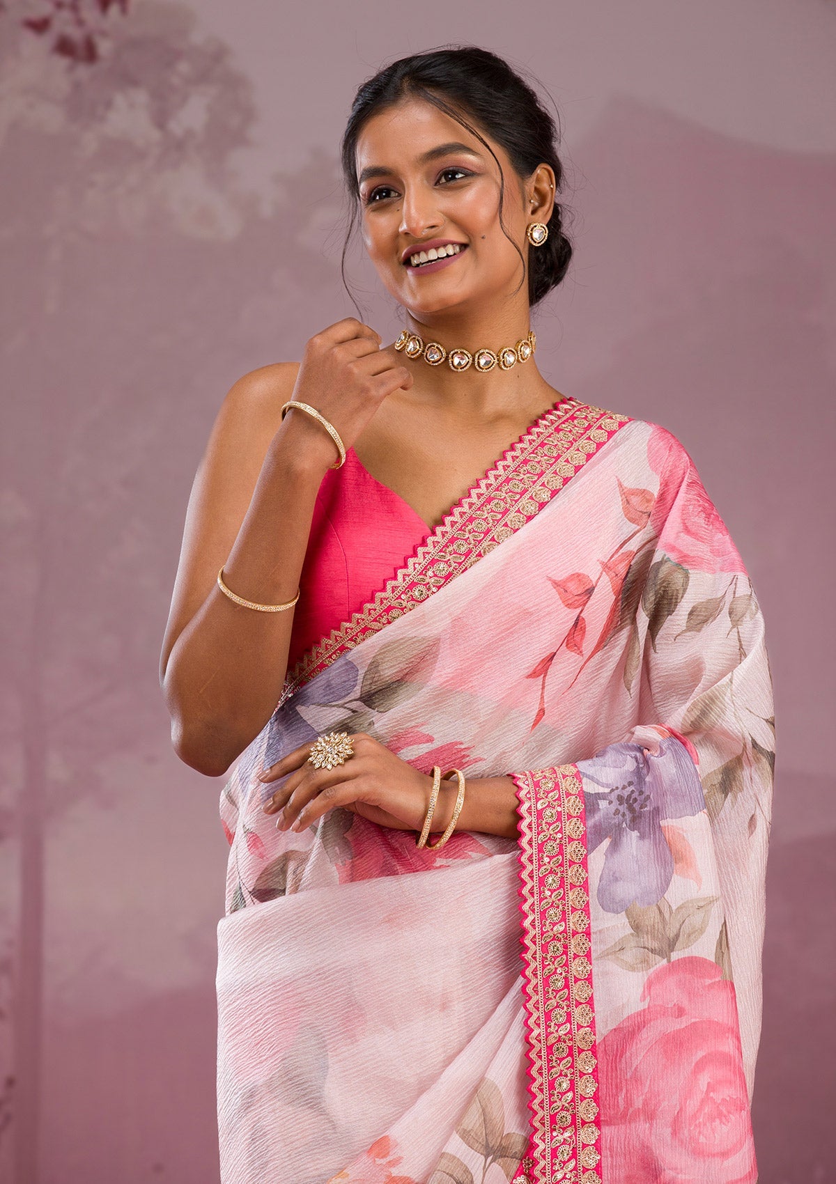 Women's White Printed Georgette Saree