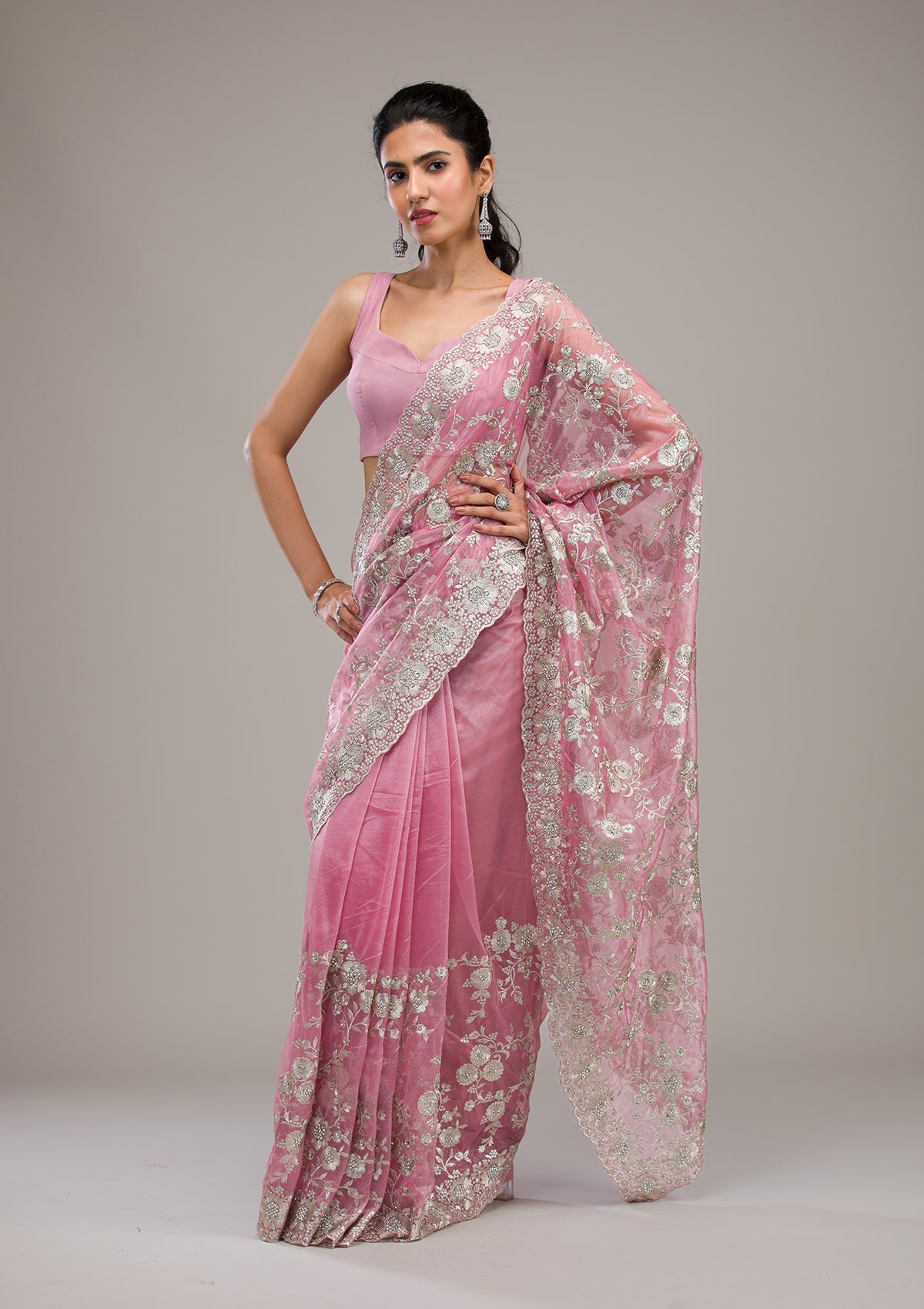Women's Baby Pink Zariwork Tissue Saree