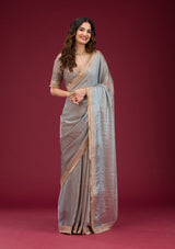 Women's Grey Threadwork Tissue Saree