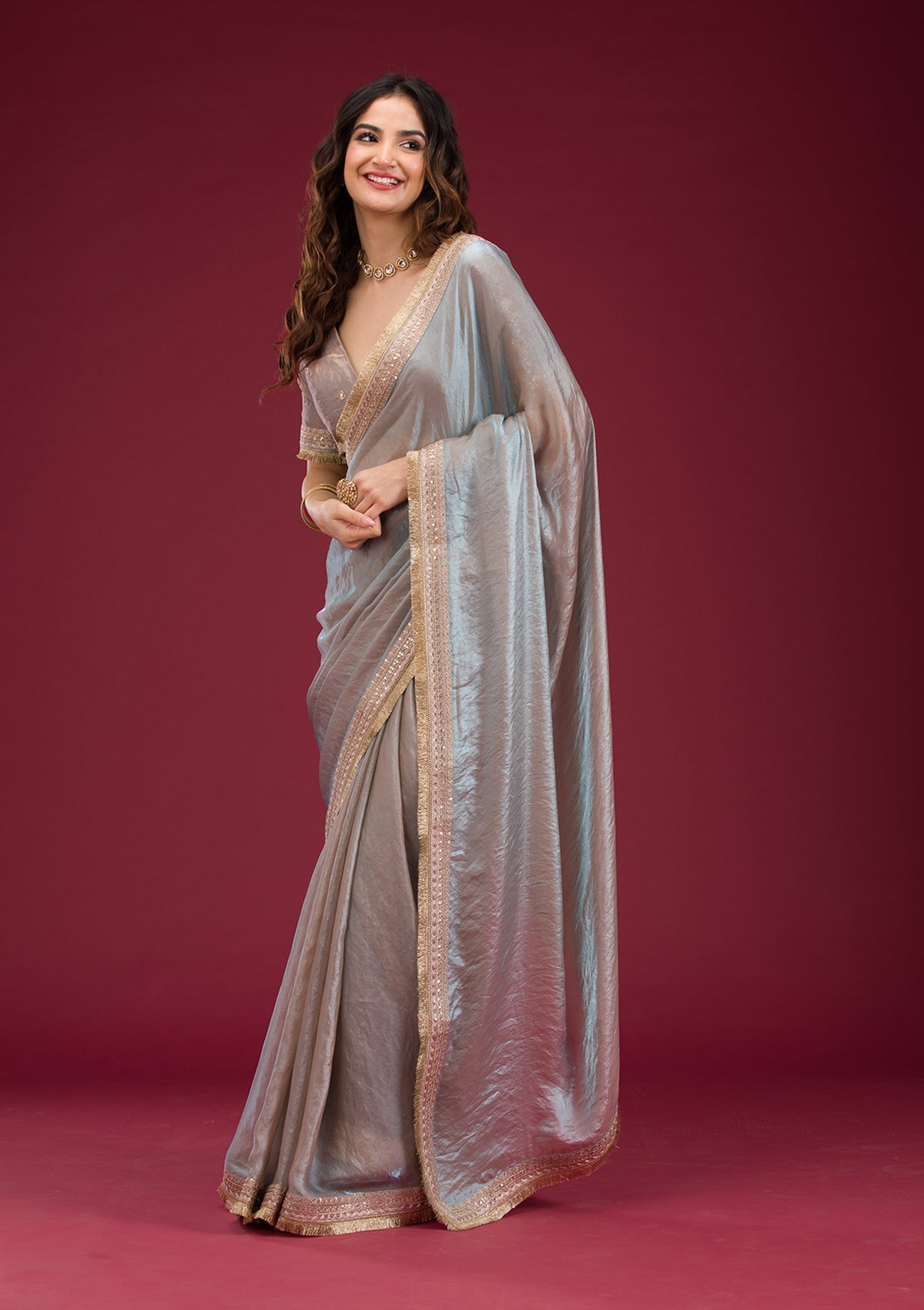 Women's Grey Threadwork Tissue Saree