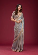Women's Grey Threadwork Tissue Saree