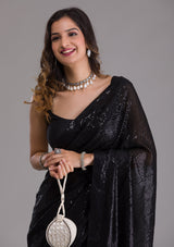 Women's Black Sequins Georgette Designer Saree