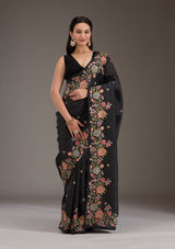 Women's Black Threadwork Tissue Saree