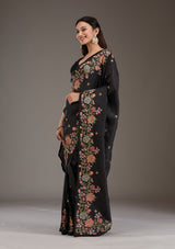 Women's Black Threadwork Tissue Saree