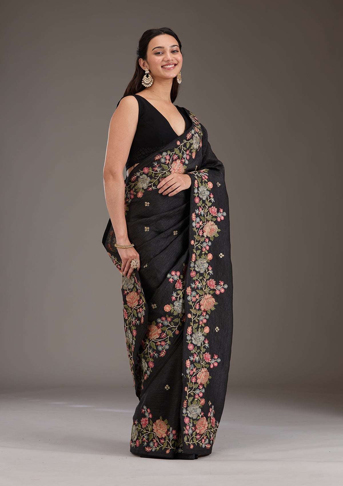 Women's Black Threadwork Tissue Saree