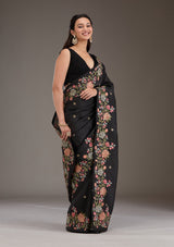 Women's Black Threadwork Tissue Saree