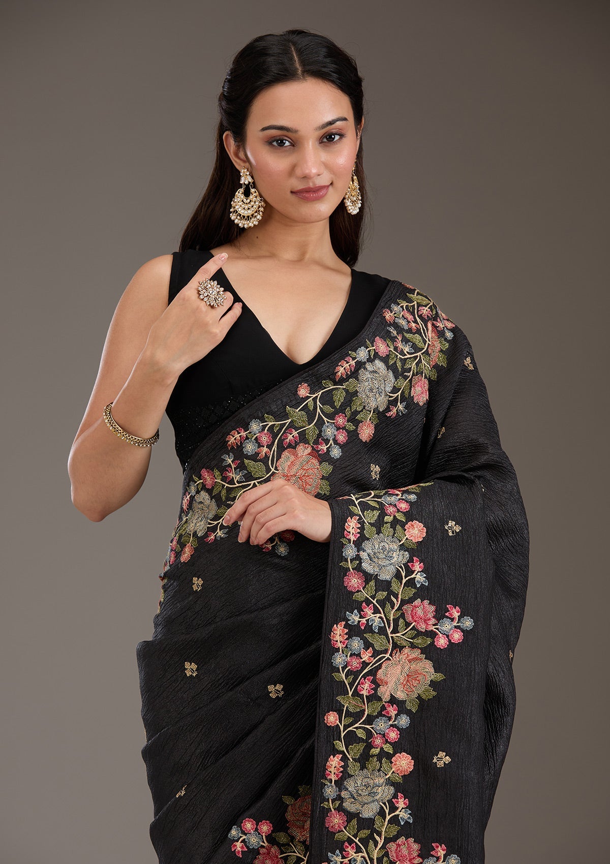 Women's Black Threadwork Tissue Saree