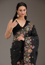 Women's Black Threadwork Tissue Saree