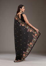 Women's Black Threadwork Tissue Saree